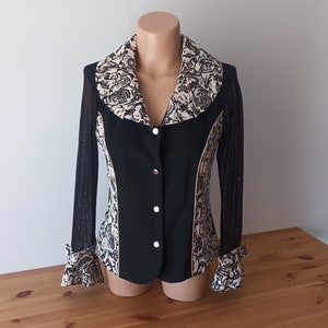 Vintage Women Black Beige Jacket Size M/42 Sheer Long Sleeve Jacket Floral Print Jacquard Blazer Top Gold Floral Lurex Party Retro Jacket