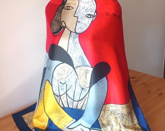 Vintage Large Square Picasso Scarf Picasso Woman Cubism Style Red Blue Gray Yellow Gift for Artist Art Teacher Scarf Wall Scarf Designer