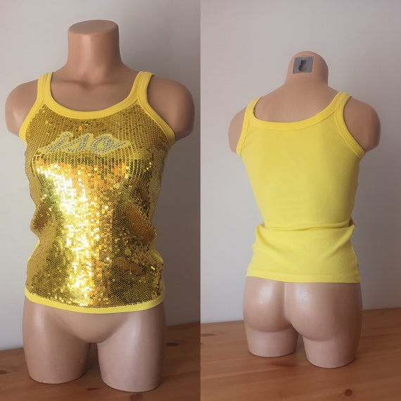 Vintage Women Yellow Sequined Tank Top Size XS/S Cotton