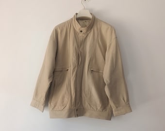 May include: A beige leather jacket with a zipper closure and two pockets on the front.