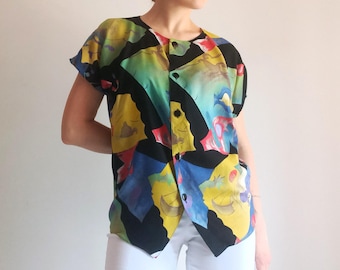 Camicia vintage da donna color block taglia S, camicia astratta colorata, blusa in viscosa brillante, maniche corte, Big Fishs, Art Deco, top nero, giallo e verde