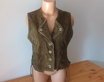 Vintage Dirndl Corset Vest Size M/40 Khaki Green Suede Sleeveless Gilet Dirndl Ties Side Vest Peasant Olive Trachten Leather Suede Waistcoat