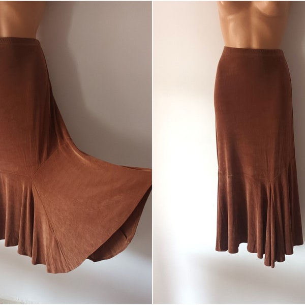 vintage Femmes Marron Maxi Jupe Taille L Brun Extensible Longue Sirène Maxi Jupe Haute Taille Élastique Taille Jupe Marron Solid Jersey Godet Jupe