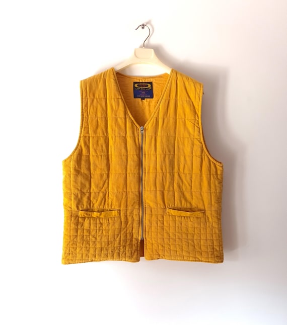Vintage Womens Yellow Yolk Velvet Cotton Vest Size L Mustard Cotton Waistcoat Zip Vest Street Style Sleeveles Jacket Old School Zip Vest