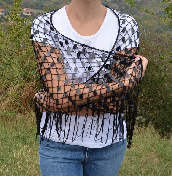 Black Mesh Scarf with Sequins Triangle Crochet Sca