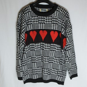 Vintage Women Wool Black White Pullover Size L/XL Houndstooth Print Jumper 80s 90s Knit Black Sweater Red Hearts Knit Print Wool Jumper