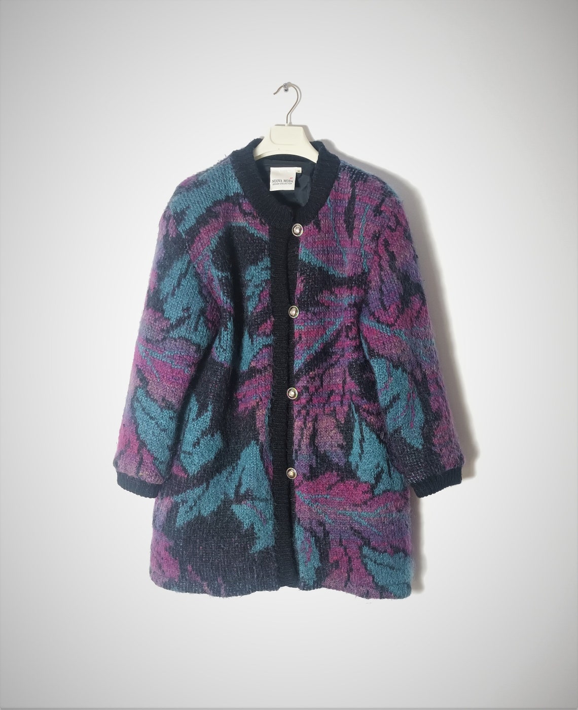 Vintage Women Mohair Wool Cardigan Size M Purple Green Black Fluffy Knit Mohair Wool Jacket Blazer Buttons Winter Mohair Sweater Pullover, foto 2 di 5
