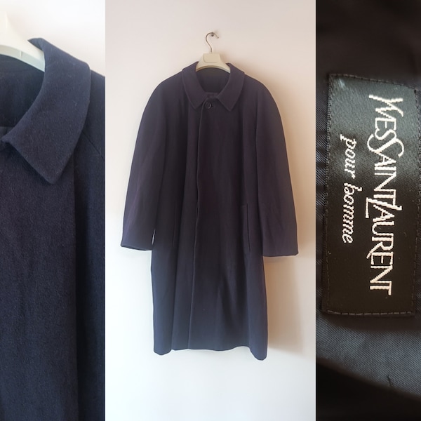 Yves Saint Laurent vintage Hommes Bleu Laine Long Manteau Taille XL Bleu Marine Laine Pardessus Bouton Col Raglan Manches Long Manteau