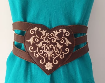 Vintage Women Brown Suede Leather Austrian Dirndl Belt Size 95 Wide High Waist Belt Floral Embroidered Trachten Bavarian Tyrol Suede Belt