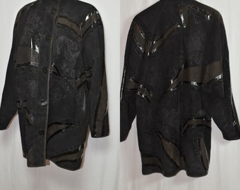 Vintage Women Black Suede Jacket Size M/38 Stamped Tooled Black Brown Suede Leather Floral Blazer Patent Leather Patchwork Button Suede Coat