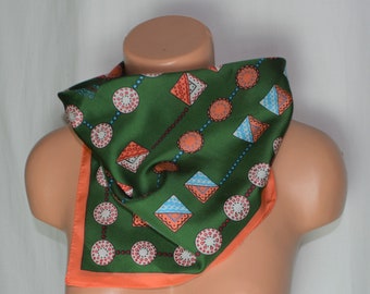Vintage Women Neckscarf Geometric Print Scarf Polyester Scarf Green Coral Peach Square Scarf Small Retro Squares Rounds Satin Green Bandana