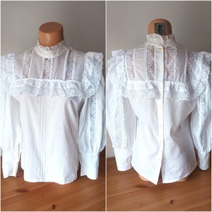 Vintage Womens White Ruffle Lace Shirt Size S White Long Puffy Lace Sleeve Lace Blouse Buttons Ruffle Shirt Romantic Edwardian Cotton Blouse
