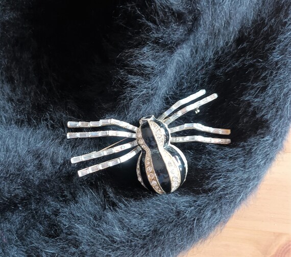 Vintage Enamel Black Spider Brooch with Rhineston… - image 2