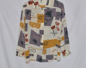 Vintage Women Blouse Size L/XL Floral Print Abstract Print Shirt Button Blouse Long Sleeve Unique Blouse Geometric Print Multicolored Shirt