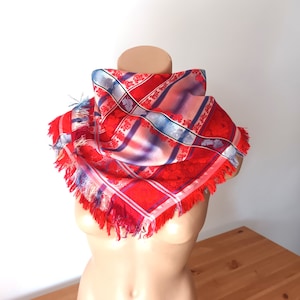 Vintage Red Blue Silk Scarf Jacquard Red Blue Square Silk Scarf Double Sided Silk Scarf Raw Fringes Plaid Floral Print Roses Silk Scarf