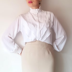 Vintage Women White Shirt Size M/38 Ruffled White Shirt Long Sleeve Blouse Solid Ruffled Shirt White Ruffle Stand Collar Buttoned Blouse