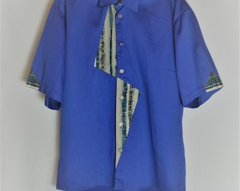 Vintage Men's Cotton Shirt Size M/40 Blue Purple Metal Button Shirt Short Sleeve Wallstreet Shirt by Petermann Solid Abstract Print