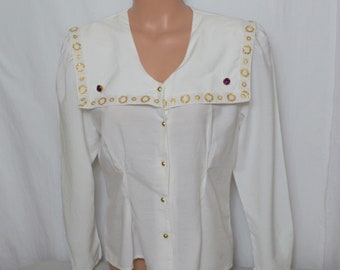 Camisa blanca vintage para mujer, talla M/40, manga larga, cuello marinero, cuello decorado, blanco, dorado, morado, blusa retro de viscosa blanca de los años 70 y 80.