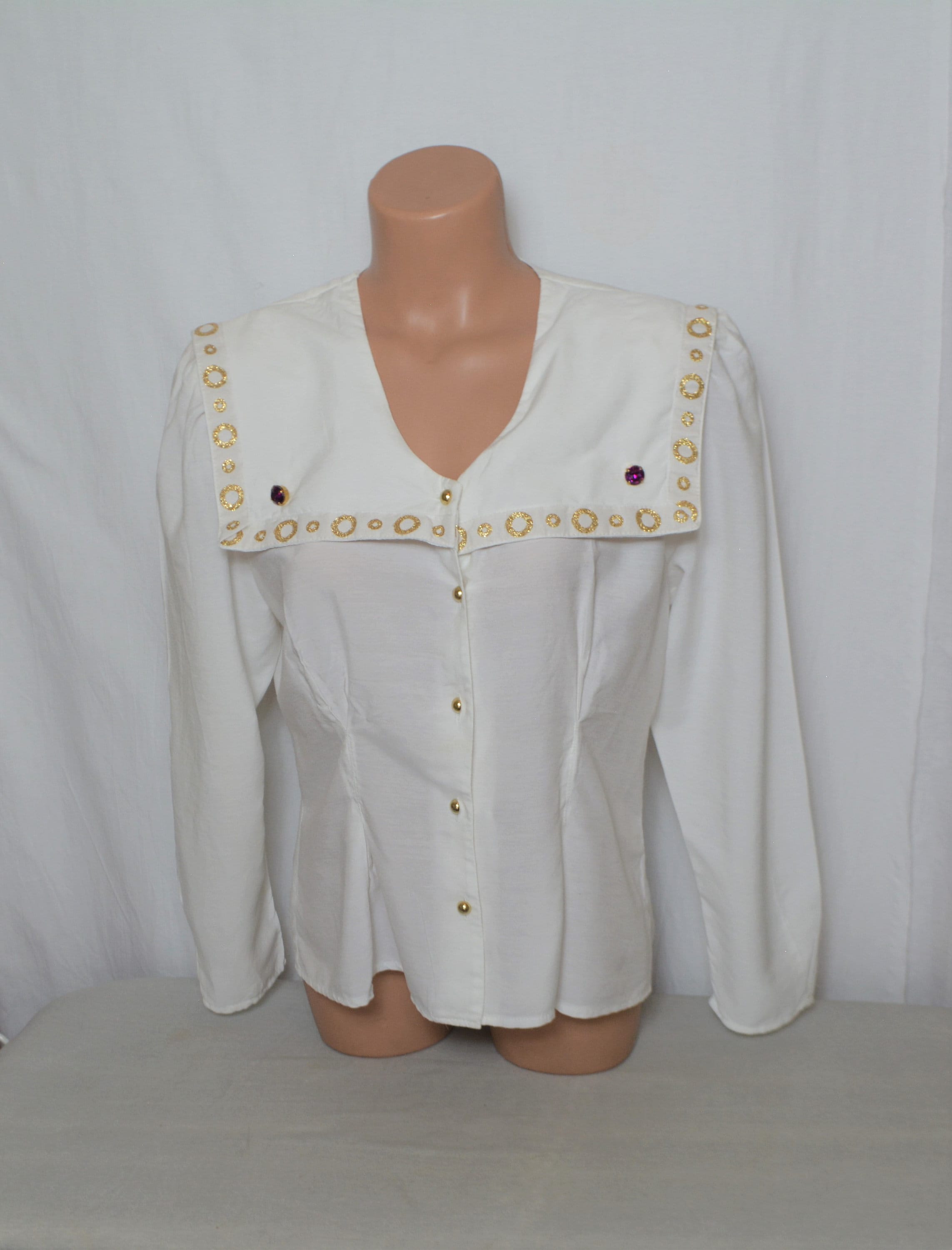 Vintage 80s double embroidered collar white 100/% viscose blouse