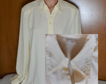 Vintage Women off White Satin Blouse Size M Ecru Satin Shirt Long