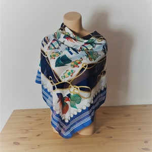 Vintage Blue Green Square Scarf Ocean Sea Pattern Fish Sea Aquarium Print Made in Italy Scarf Sheer Blue Gold Chain Scarf Multicolored Scarf