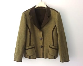 Vintage Women Khaki Green Wool Jacket Size L/44 Green Brown Solid Boiled 100% Wool Jacket Blazer Buttoned Winter Cardigan Pullover Pockets