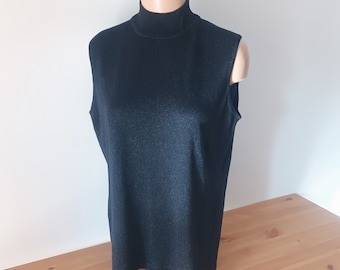 Vintage Women Black Turtleneck Sleeveless Top Size XL Silk Black Sleeveless Halter Black Top Shiny Silver Lurex Stretchy Top Turtleneck Top