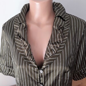 Vintage Women Satin Green Khaki Blouse Size L Green Satin Striped Shirt Short Sleeve Collared Shiny Green Blouse Button Y2K Style Blouse image 4