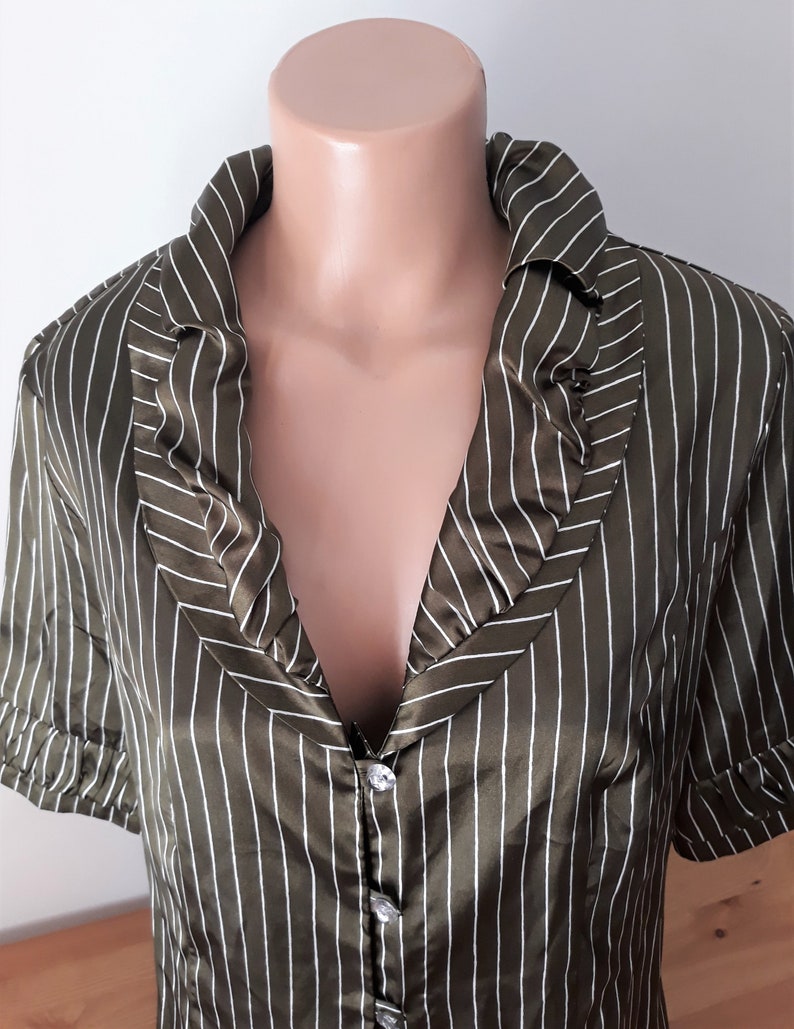 Vintage Women Satin Green Khaki Blouse Size L Green Satin Striped Shirt Short Sleeve Collared Shiny Green Blouse Button Y2K Style Blouse image 4