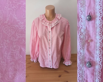 Camicia Dirndl da donna vintage in cotone rosa taglia L/XL Camicia Trachten floreale Camicia con colletto a volant Camicia a maniche lunghe con bottoni bianchi rosa Camicetta da favola