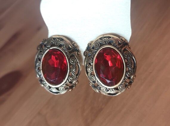 Boucles D'oreilles Clip Vintage Or Et Bordeaux Marbré - État Impeccable, Ancien Stock Bijouterie