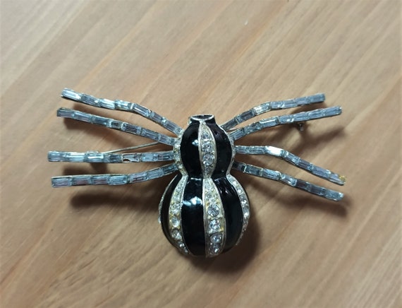 Vintage Enamel Black Spider Brooch with Rhineston… - image 4