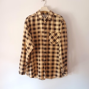 Vintage Mens Flannel Plaid Shirt Size XXL/45-46 Yellow Brown Plaid Cotton Warm Shirt Long Sleeve Buttons Sand Brown Plaid Cotton Shirt
