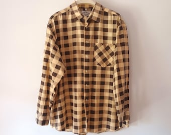 Vintage Mens Flannel Plaid Shirt Size XXL/45-46 Yellow Brown Plaid Cotton Warm Shirt Long Sleeve Buttons Sand Brown Plaid Cotton Shirt