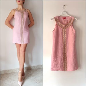Vintage Pink Mini Dress Size XS/S Pink Linen Embroidered Sleeveless Small Dress Pink Mini Dress Linen Solid Short Dress Beaded Front Dress