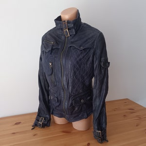 Vintage Women Ink Blue Leather Biker Jacket Size S Grunge Style Genuine Leather Motorcycle Jacket Navy Blue Rock Short Jacket Metal Details