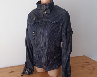 Vintage Women Ink Blue Leather Biker Jacket Size S Grunge Style Genuine Leather Motorcycle Jacket Navy Blue Rock Short Jacket Metal Details