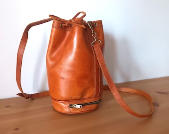 Vintage Women Brown Leather Mini Shoulder Bag Brown Tan Micro Leather Barrel Bag Cross Body Leather Bag Mini Round Bag Miniature Crafted Bag