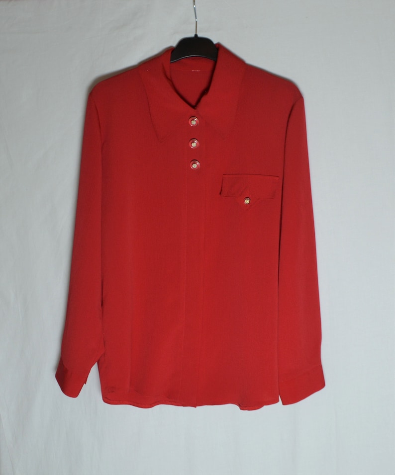 Vintage Women Red Blouse Size L Red Solid Collared Blouse Long Sleeve Gold Buttons Red Shirt Retro Red Blouse Capsule Wardrobe Blouse image 3