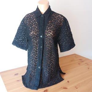 Vintage Womens Black Semi Sheer Blouse Size L Black See Thru Blouse Short Sleeve Buttoned Sheer Mesh Abstract Transparent Shirt Layer Blouse