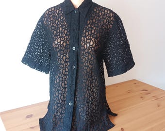 Vintage Womens Black Semi Sheer Blouse Size L Black See Thru Blouse Short Sleeve Buttoned Sheer Mesh Abstract Transparent Shirt Layer Blouse