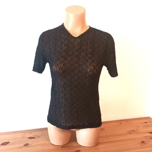 Top vintage da donna in rete nera taglia S/M Top corto semitrasparente a maniche corte nero trasparente Camicetta trasparente in rete sexy anni &#39;00 Top a strati stile Y2K