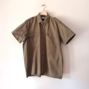 Vintage Folk Men&#39;s Khaki Shirt Size XL Olive Brown Trachten Long Sleeve Shirt Hunting Style Cotton Loden Oktoberfest Bavarian Dirndl Shirt