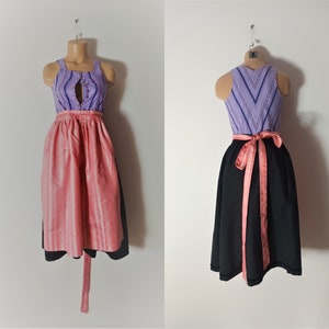 Vintage Dirndl Midi Dress Size XXS/32 Purple Black Floral Sleeveless Apron Dress Austria Folk Tracht Waiter Dress Oktoberfest Peasant Style