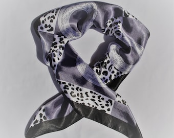 Vintage Schwarz Weiß Grau Satin Schal Grau Kette Ring Print Animal Print Schal Frauen Schal Headwrap Geometrische Satin Halstuch Leopard Muster