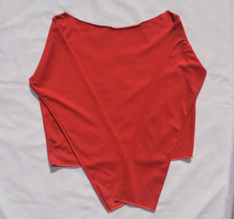 May include: A red long-sleeved shirt with a boat neck.