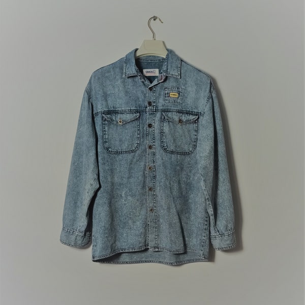 Vintage Women's Denim Shirt Size M Acid Wash Buttons Blue Denim Cotton Shirt Jean Long Sleeve Shirt Light Blue Chest Pockets Shirt Y2K Style