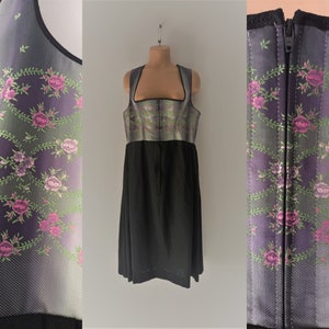 Vintage Dirndl Midi Dress Size L Black Green Pink Floral Jacquard Dress Sleeveless Corset Zip Dress Austrian Folk Trachten Oktoberfest Dress