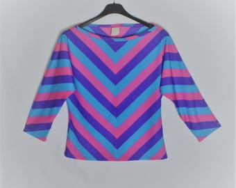 90's Vintage Women Pink Purple Striped Top Size S/M Dolman 3/4 Sleeve Geometric Blue Stretchy Top Y2K Style Top Retro Bright Top