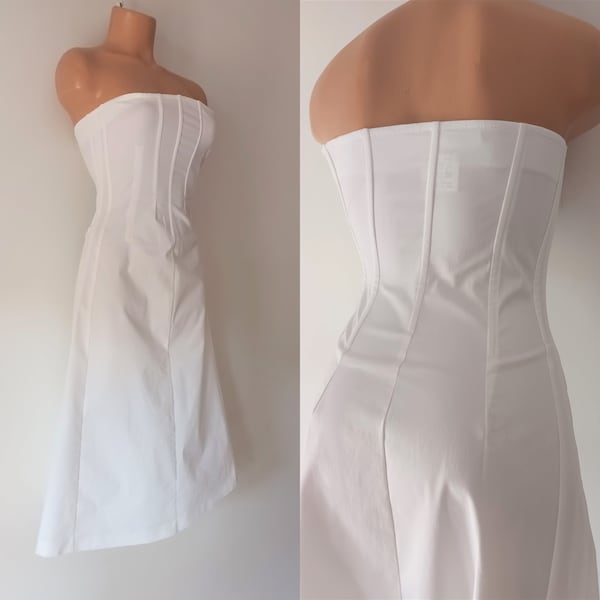 Retro White Corset Dress Size XXS/32 Cotton Strapless Fit and Flare Dress Made in Italy Summer Midi White Boned Corset Dress